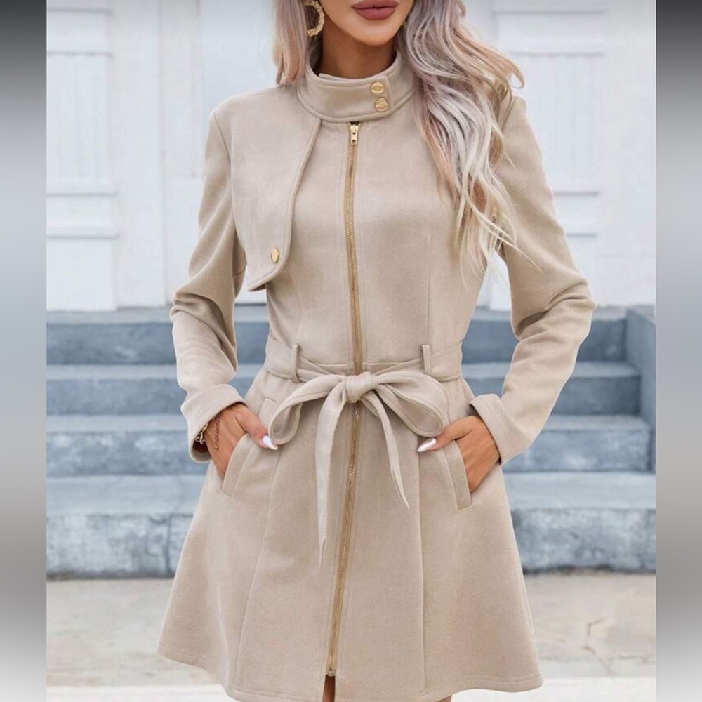 Chic Beige Belted Zip Coat Dress | Structured Minimalist | Size L - Picture 4 of 5